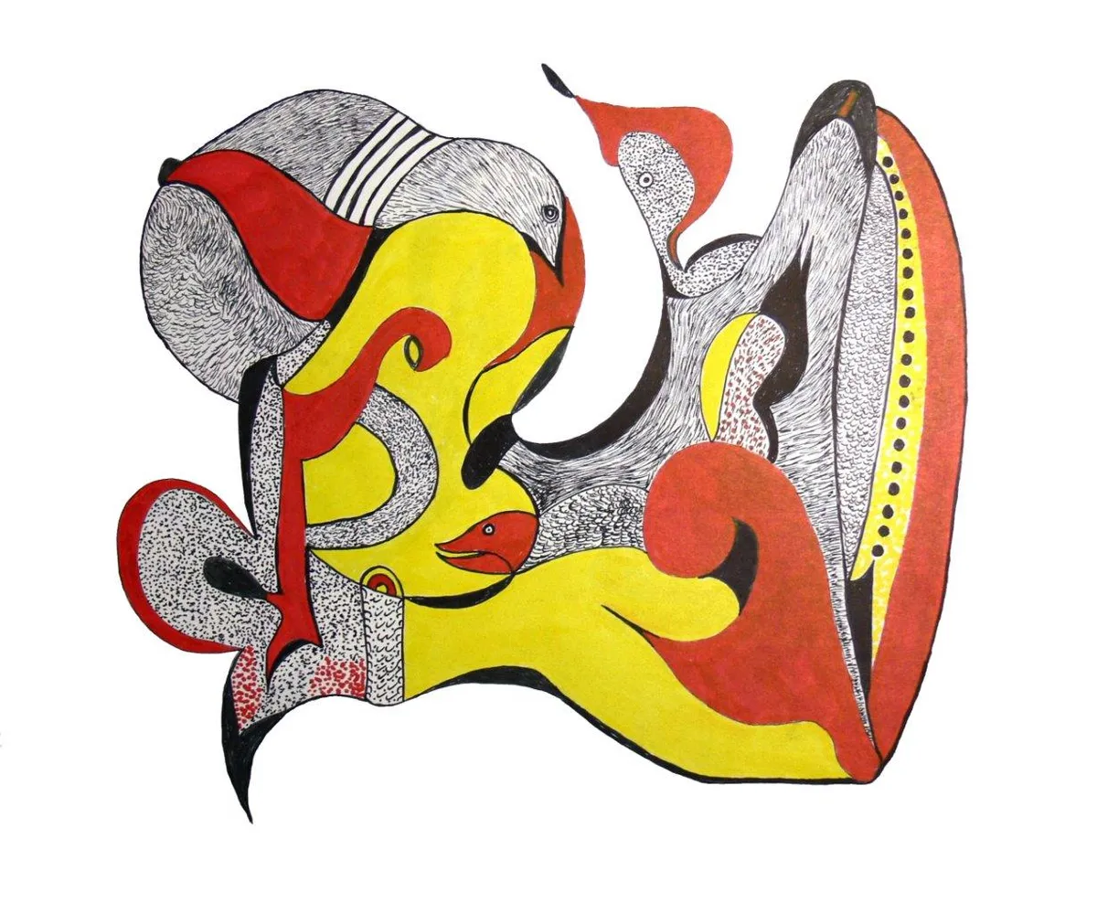 The Divine #2: Hand-drawn ink and marker artwork of flowing yellow, red and stippled grey forms