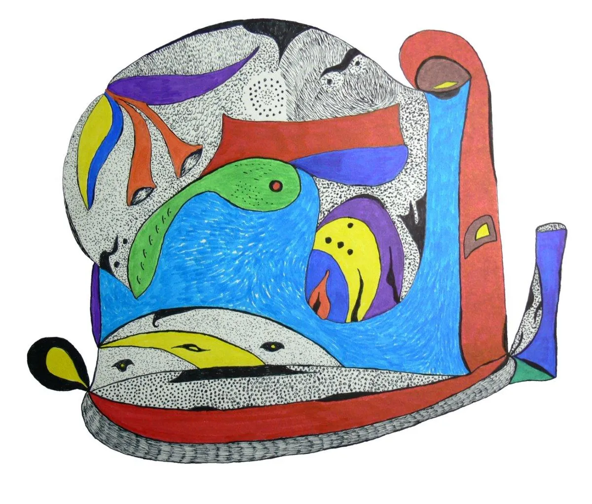 The Divine #3: Hand-drawn ink and marker artwork of blue, green, red and yellow shapes enclosed in a rounded stippled form