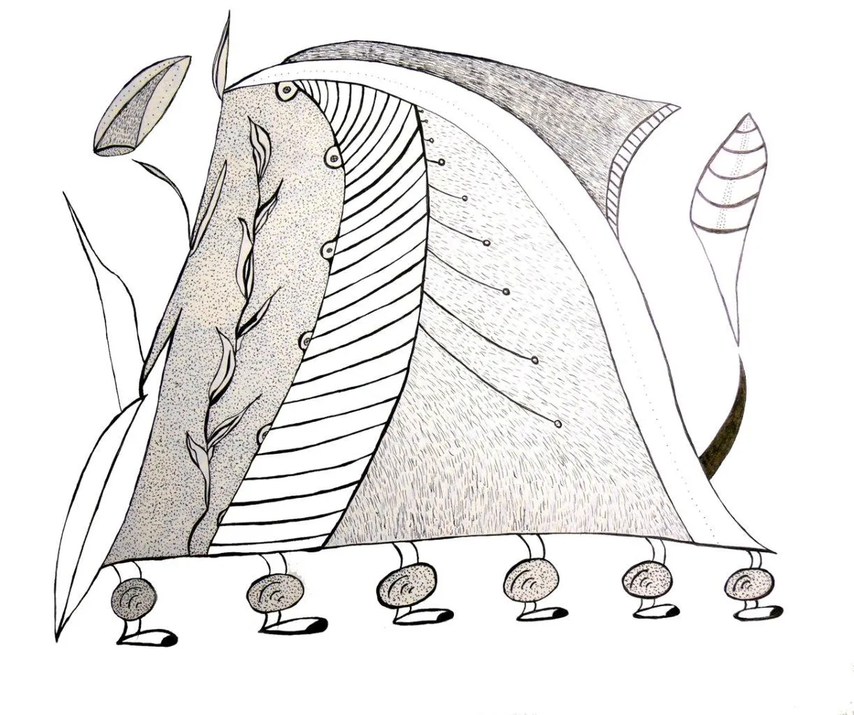 The Divine #4: Hand-drawn ink and marker artwork of a tall finely lined form resting on small spiral feet
