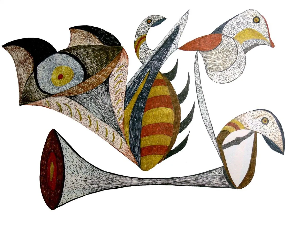 The Divine #6: Hand-drawn ink and marker artwork of bird-like heads and patterned forms in brown, red and yellow
