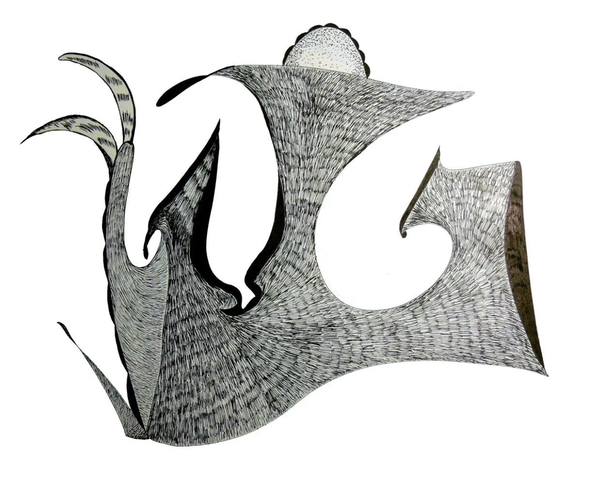 The Divine #7: Hand-drawn ink and marker artwork of a cross-hatched grey shape with curling points