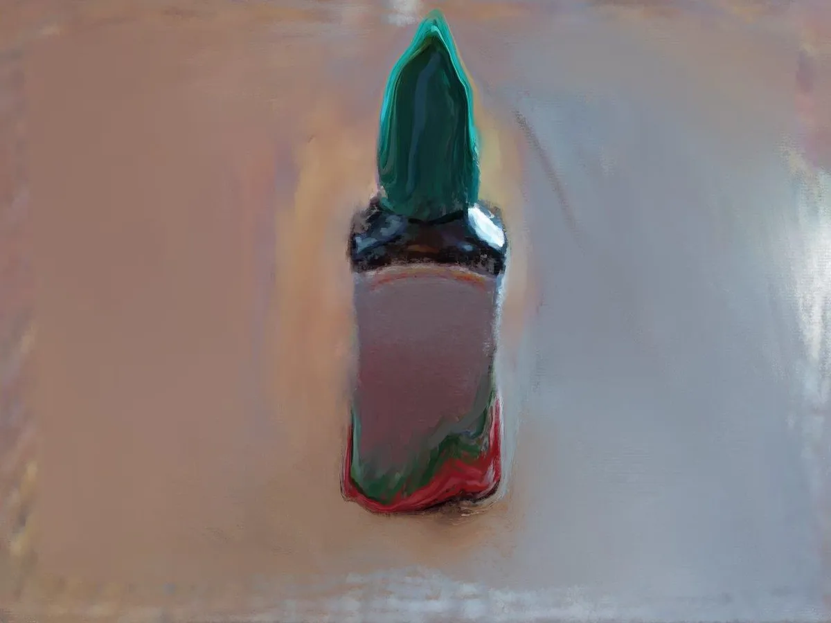 Vitamin Bottle: a small melting bottle with a green cap on a grey-brown background