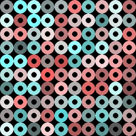 Grid of small rings in teal, pink, grey and white