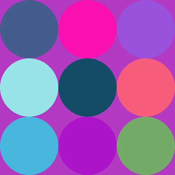 Nine solid circles in pink, blue, teal and green on a purple background