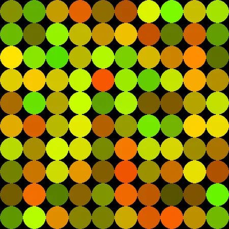 Grid of yellow, green and orange dots on black