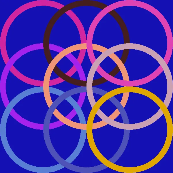 Nine overlapping coloured rings on a deep blue background