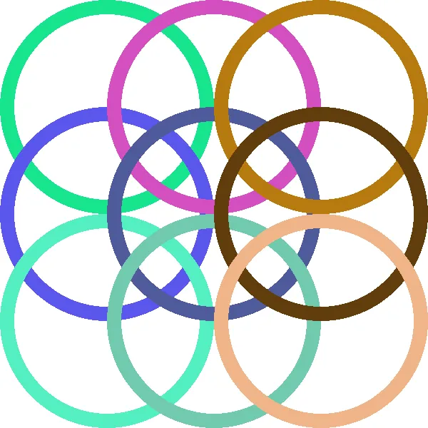 Nine overlapping rings in green, pink, blue, brown and peach on white