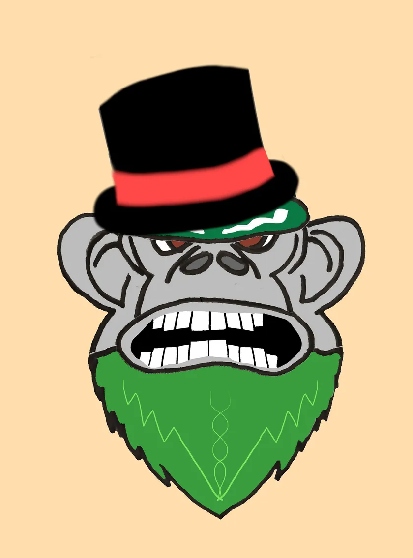 Snarling grey gorilla wearing a black top hat with a red band, with a green beard