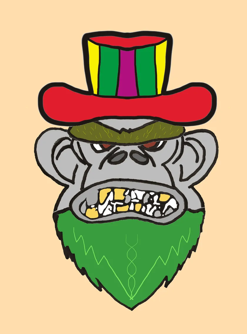 Grey gorilla with gold teeth wearing a striped red, yellow and green top hat, with a green beard