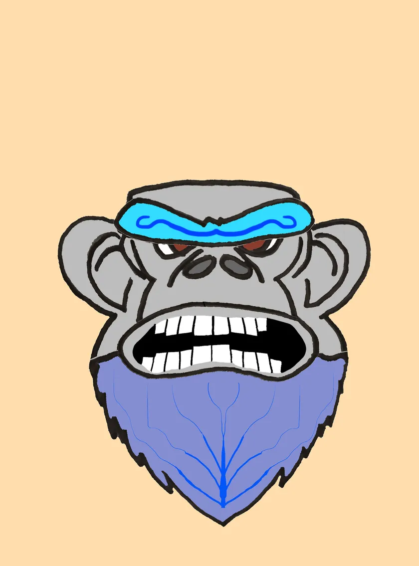 Snarling grey gorilla with a blue visor, with a lavender beard