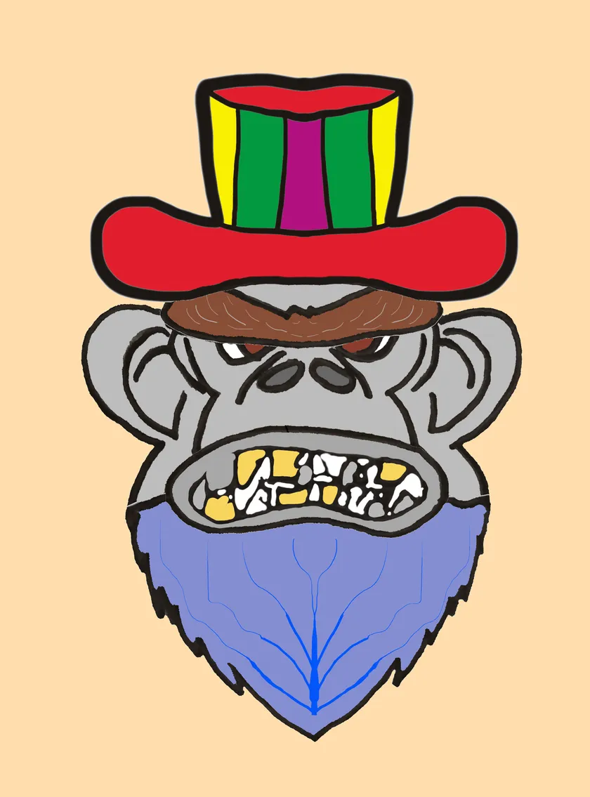 Grey gorilla with gold teeth wearing a striped red, yellow and green top hat, with a lavender beard