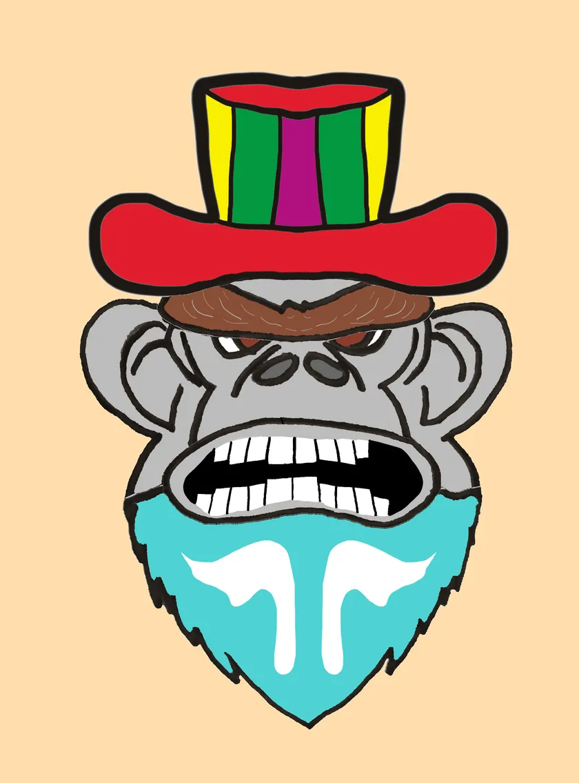 Snarling grey gorilla wearing a striped red, yellow and green top hat, with a turquoise beard
