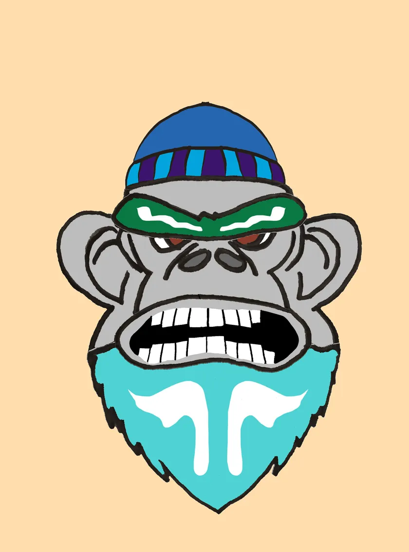 Snarling grey gorilla wearing a blue beanie and green brow, with a turquoise beard