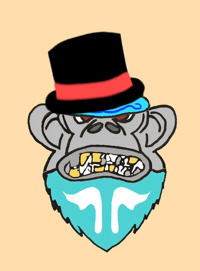 Grey gorilla with gold teeth wearing a black top hat and a blue visor, with a turquoise beard