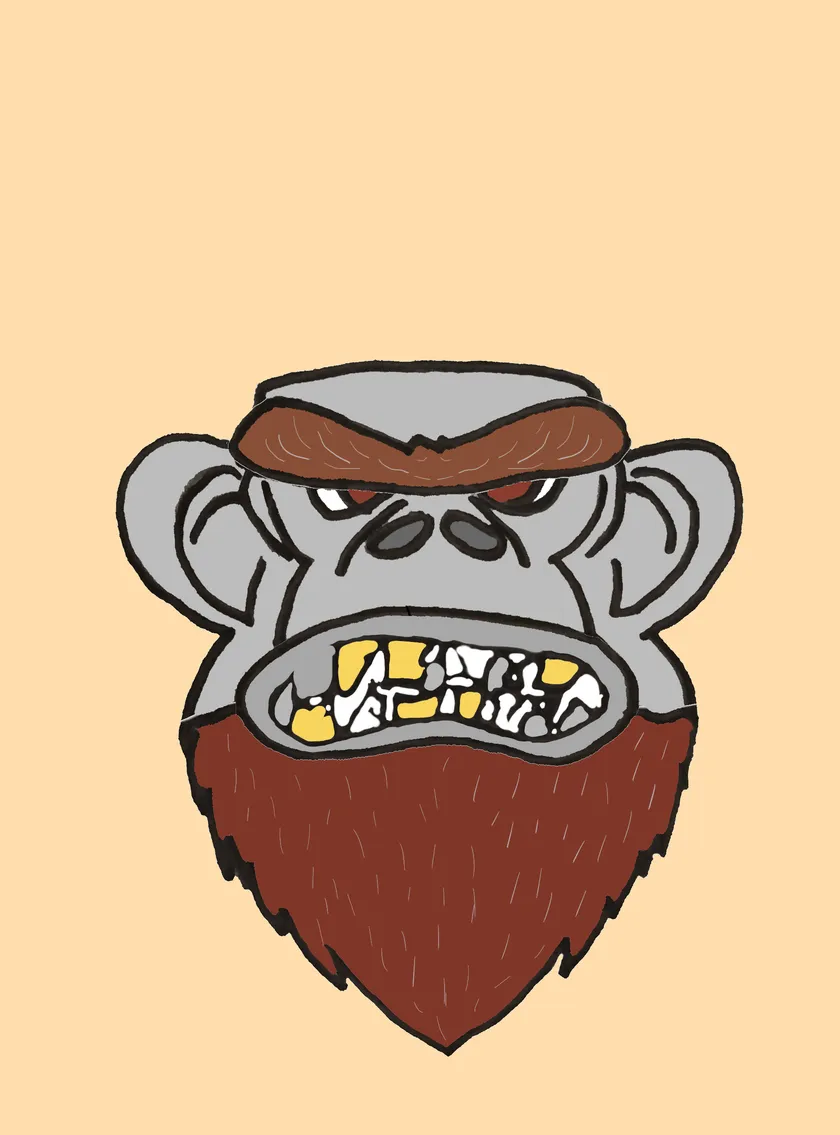 Grey gorilla with gold teeth and a brown brow, with a brown beard